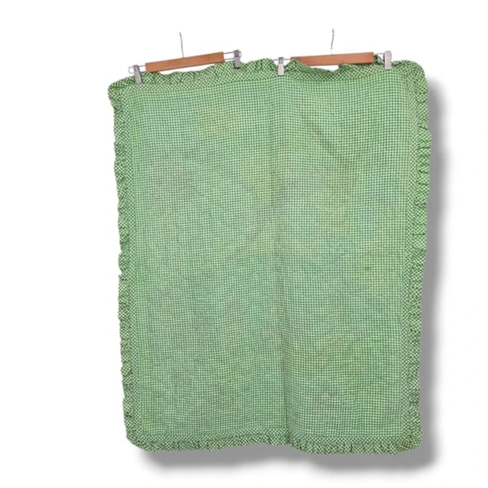 Vintage Thats Our Baby Quilted Nursery Blanket Green Gingham Ruffle‎ Train Sheep